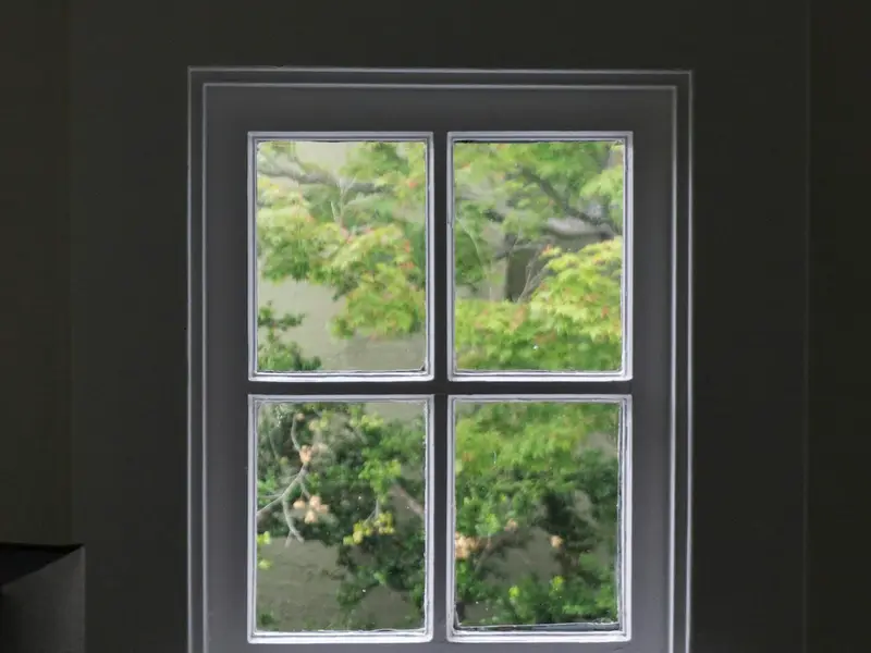 Weißer Fensterrahmen mit klarer Scheibe und Blick ins Grüne